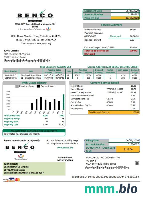 USA Minnesota Benco elecric elektryczność łatwy do wypełnienia szablon rachunku za media w formacie Word i PDF